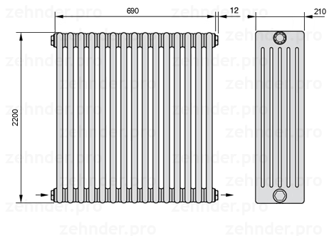Схема (чертеж) Радиатор Zehnder Charleston 6220/15 №2670 Белый глянцевый RAL 9016